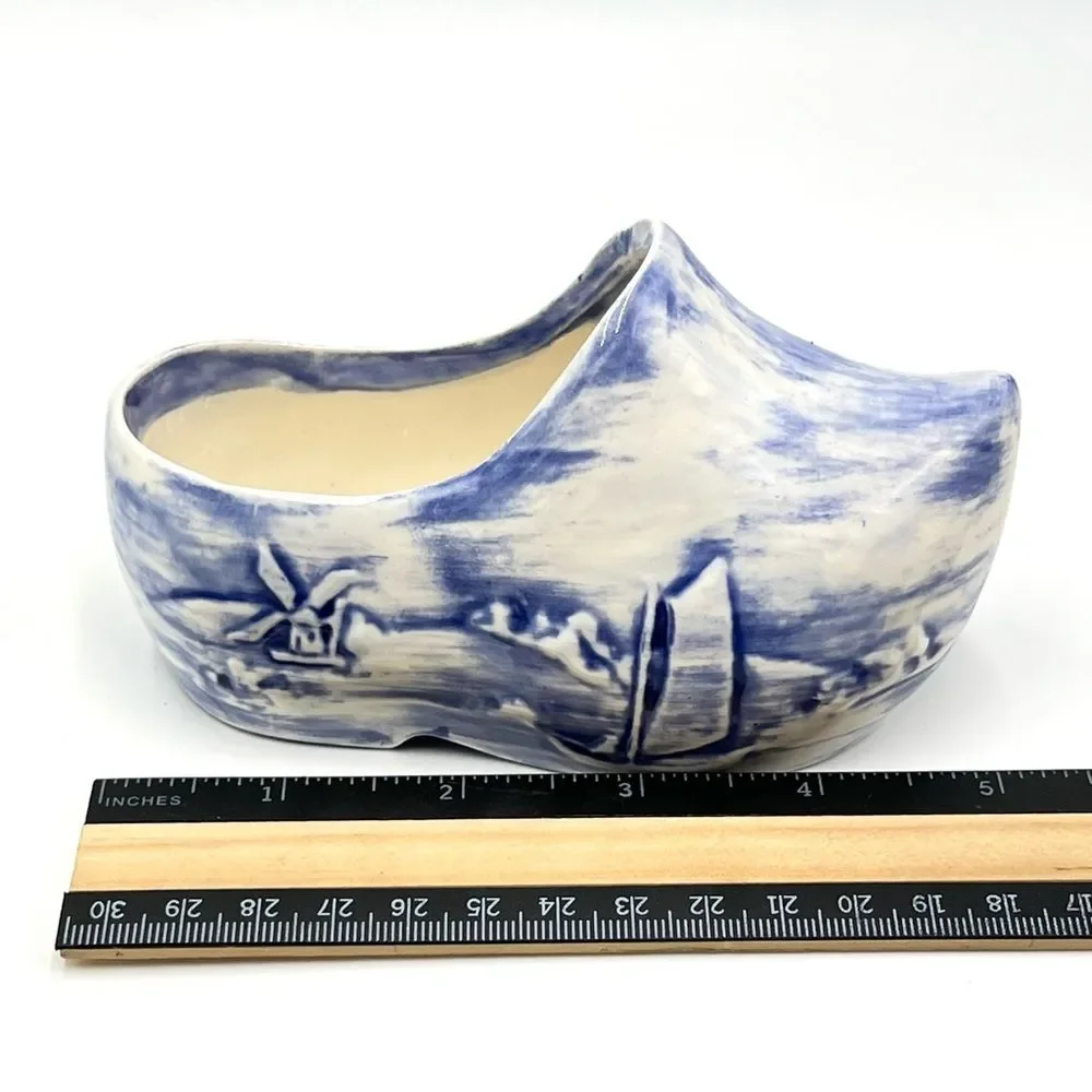 Vintage Holland Pottery Dutch Blue & White Scenic‎ Small Shoe Clog